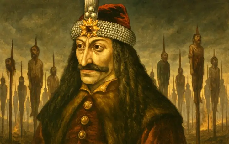 Vlad Tepeş’in kazıklı infaz sahnesiyle betimlenen tarihi portresi.